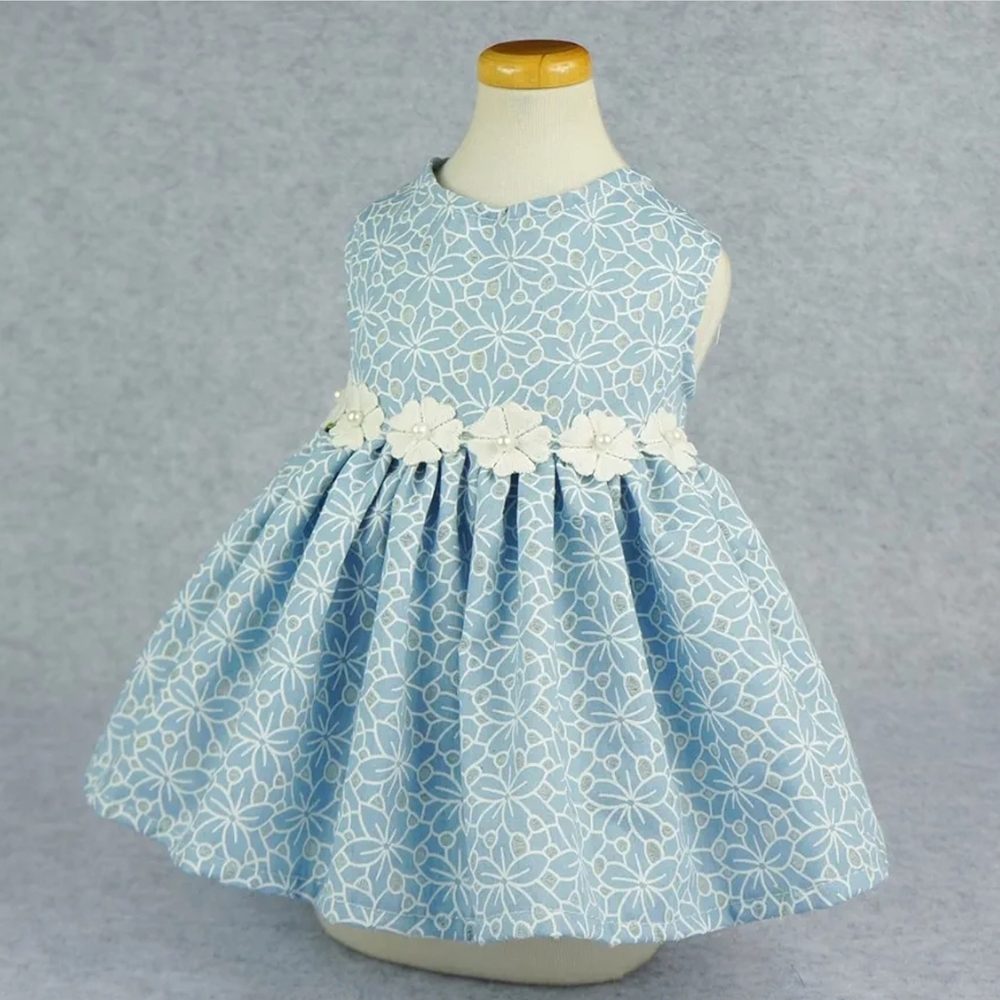 Warm Blue Floral Dog Dress with White Patterns - Picture 4 of 5